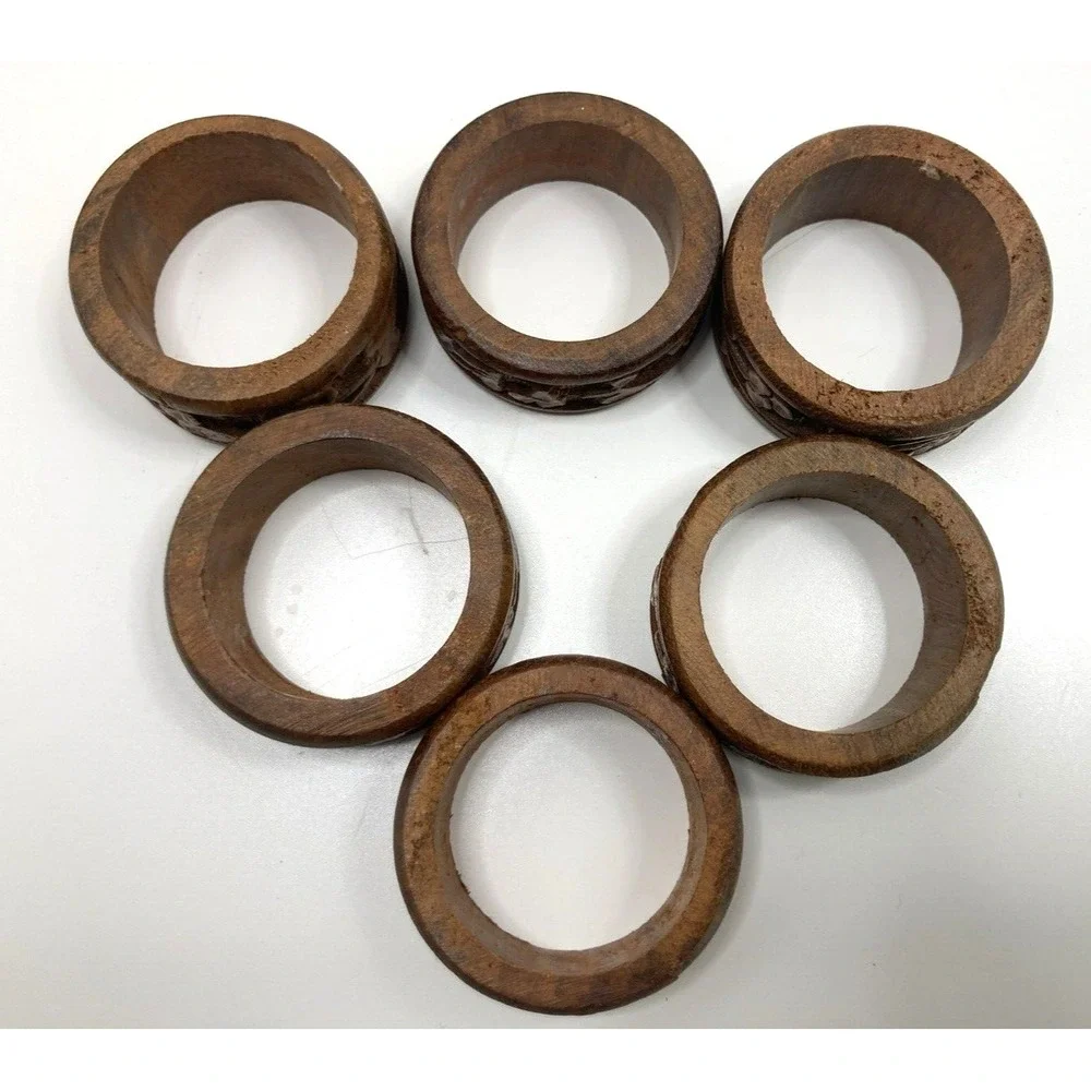 Vintage Carved Wood Napkin Rings Floral Pattern Made in India Set of‎ 6